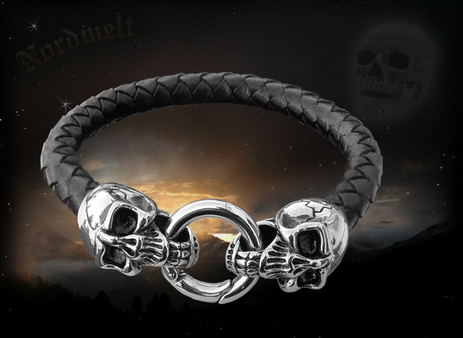 Armreifen Armband Totenköpfe Skull Biker Schmuck Freund Hein Edelstahl Leder