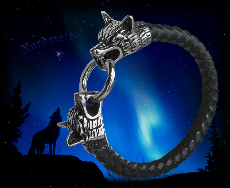 Armband Odins Wölfe Fenris Leder Edelstahl Wolfsköpfe Schmuck Geri und Freki