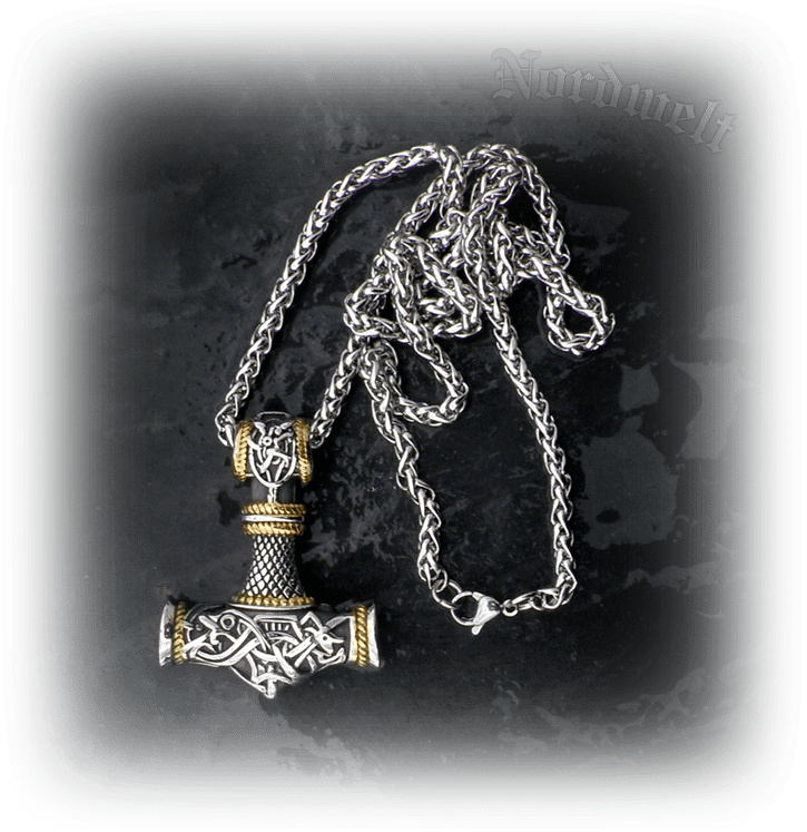 Thorhammer vergoldet, Thors-Hammer mit Kette Edelstahl Mammen- Stil
