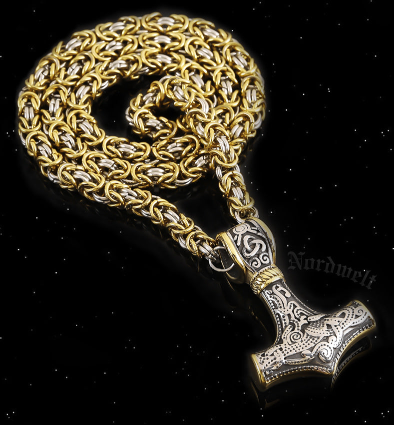 Thorhammer mit Kette, Thorshammer Königskette, teilweise vergoldet, Edelstahl