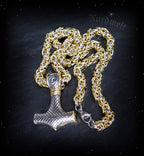 Thorhammer mit Prunkvoller Kette, Königskette teil-vergoldeter Thors-Hammer, Mjölnir, Edelstahl