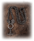 Schwarzer Thorhammer mit Königskette, Thors-Hammer geschwärzt, Mjölnir mit Wolfsköpfen Byzantiner-Kette