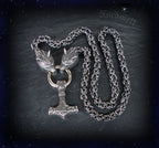 Thors-Hammer geschwärzt, mit Königskette und Wolfsköpfen, Thorhammer Edelstahl Byzantiner- Kette