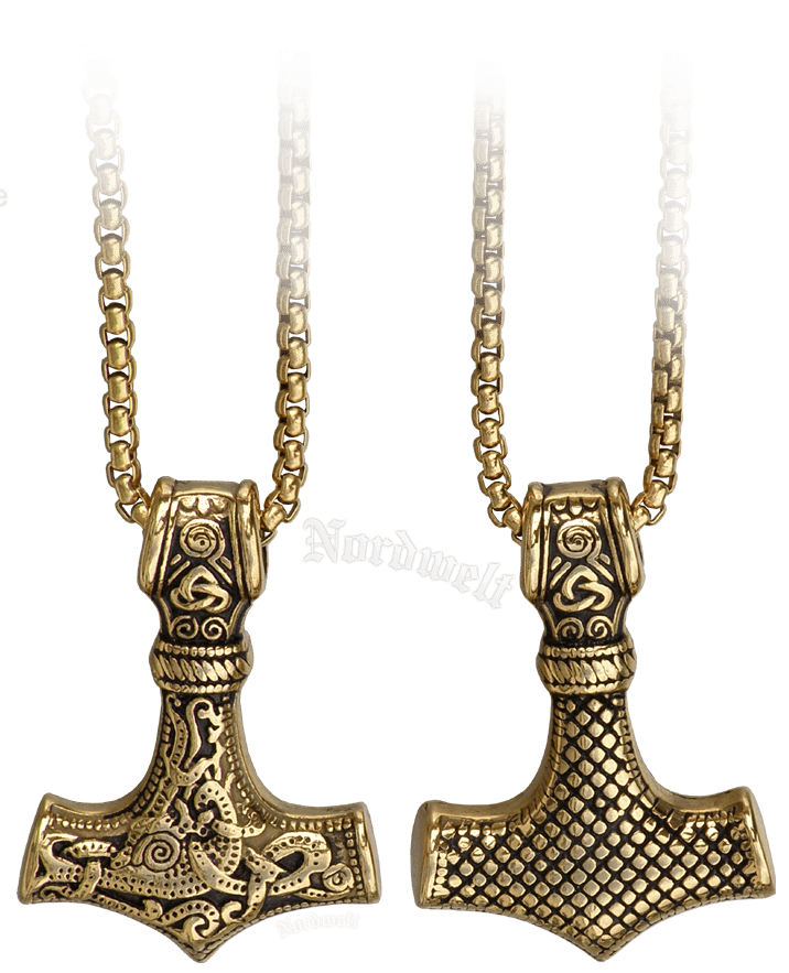vergoldeter Thorhammer mit Erbskette, Edelstahl, Mammen- Thors-Hammer Mjölnir 