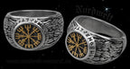 Wikinger Kompass Edelstahl Ring mit Runen. Vegvísir  Wegweiser teilvergoldet