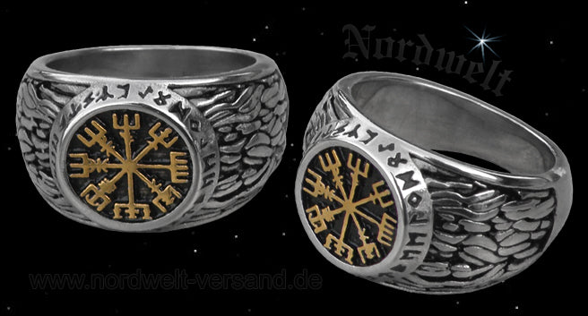 Wikinger Kompass Edelstahl Ring mit Runen. Vegvísir  Wegweiser teilvergoldet