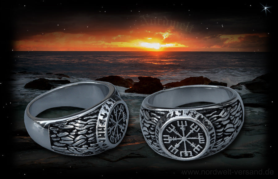 Vegvísir Wegweiser Edelstahl Ring Wikinger Kompass mit Runen Runenring Futhark