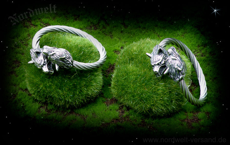 Armreifen mit Wolfsköpfen Geri und Freki Odins Wölfe aus Edelstahl Schmuck Armschmuck