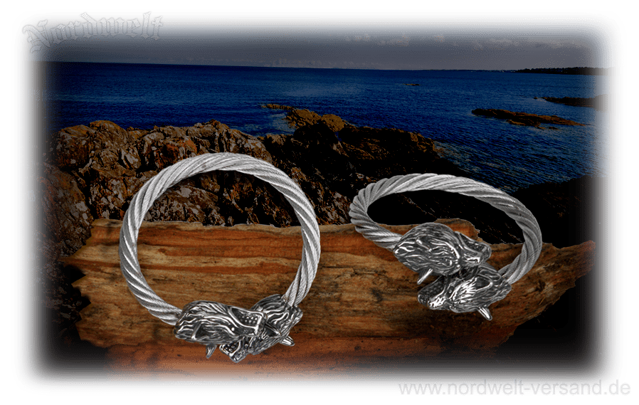 Geri und Freki Armreifen Armschmuck mit Wolfsköpfen Schmuck aus Edelstahl Wikinger Asatru