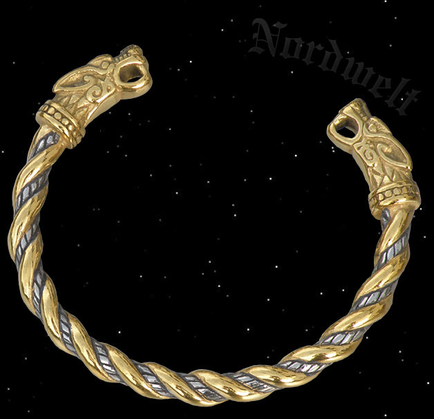 Wikinger Armreifen teilweise vergoldet mit Wolfsköpfen Armband Edelstahl Armschmuck 