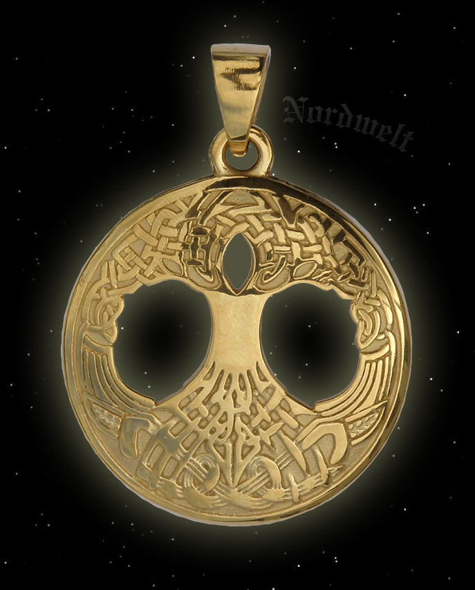 Yggdrasil Anhänger Lebensbaum vergoldet Edelstahl Schmuck Weltenbaum 