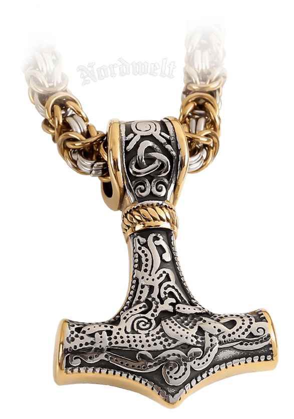 Thorhammer mit Königskette teil-vergoldet, Thors-Hammer Edelstahl Mammen- Stil
