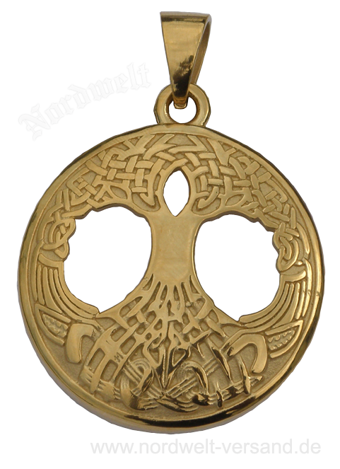 Weltenbaum Anhänger vergoldet Yggdrasil Lebensbaum Edelsstahl Schmuck