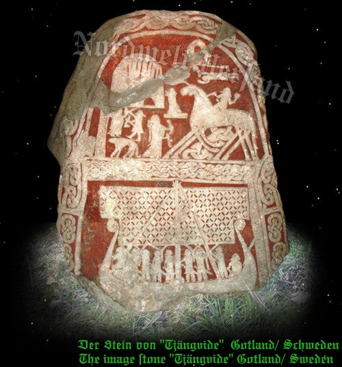 Bildstein von Tjängvide aus Gotland  Odin auf Sleipnir Walküren Totenschiff 