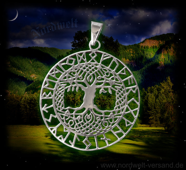 Runen Anhänger Weltenbam Yggdrasil Weltenesche Lebensbaum 925er Sterling silber Futhark Mimameid