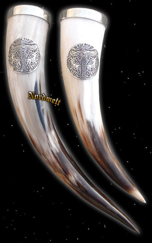 Methorn mit Irminsul und Adler Trinkhorn mit Zinnrand Horn zum Met trinken, wie die alten Germanen. 