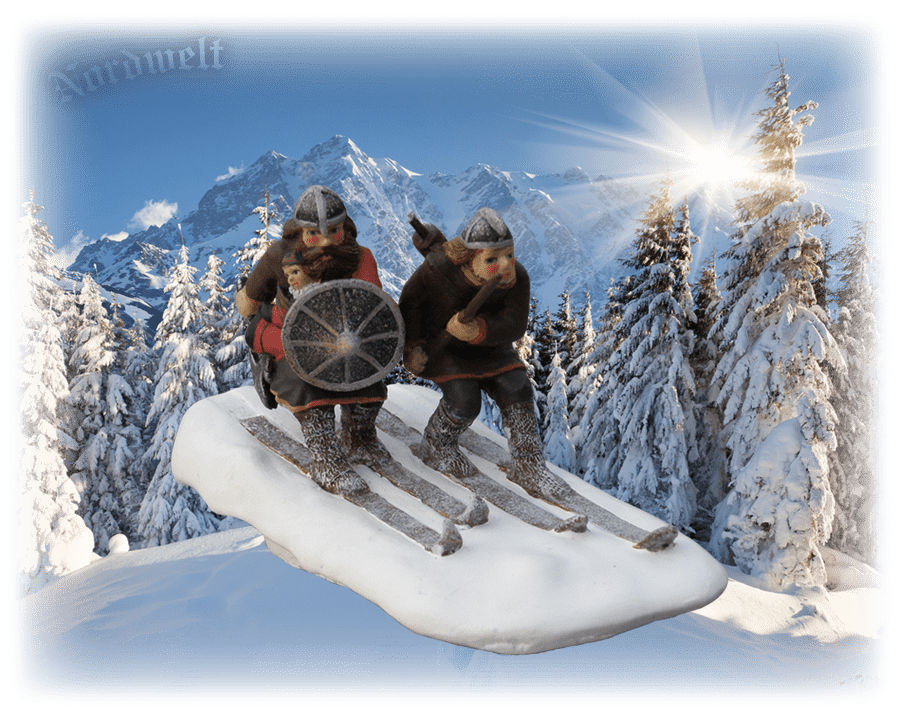 Wikinger auf Skier Ski fahren Figur Statue aus Polyresin Nordmänner im Winter