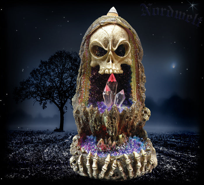 Rückfluss- Räucherkegelhalter Totenkopf , mit LED Lampe, Kunststein Polyresin