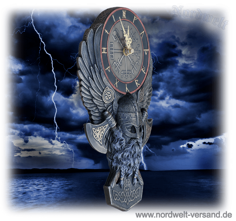 Wanduhr Vegvísir Wotan Uhr Wikinger bronzierter Kopf mit Vegvísir Wodan Göttervater 