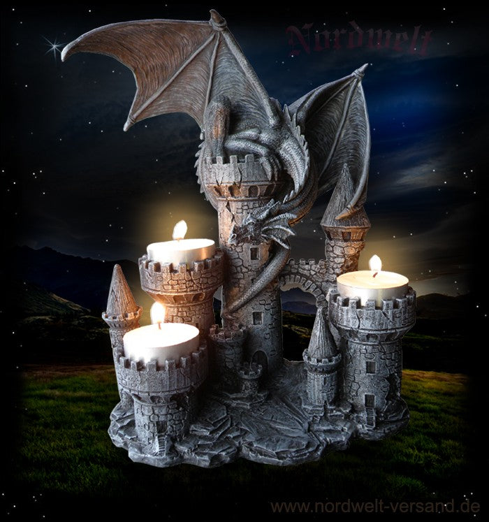 Drachen Teelichthalter für drei Teelichter Drachenburg Kerzenhalter Polyresin