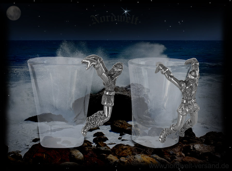 Wikinger Glas Schnapsglas mit Wikingerfigur aus Zinn