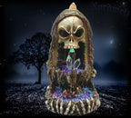 Rückfluss- Räucherkegelhalter Totenkopf , mit LED Lampe, Kunststein Polyresin, Skull