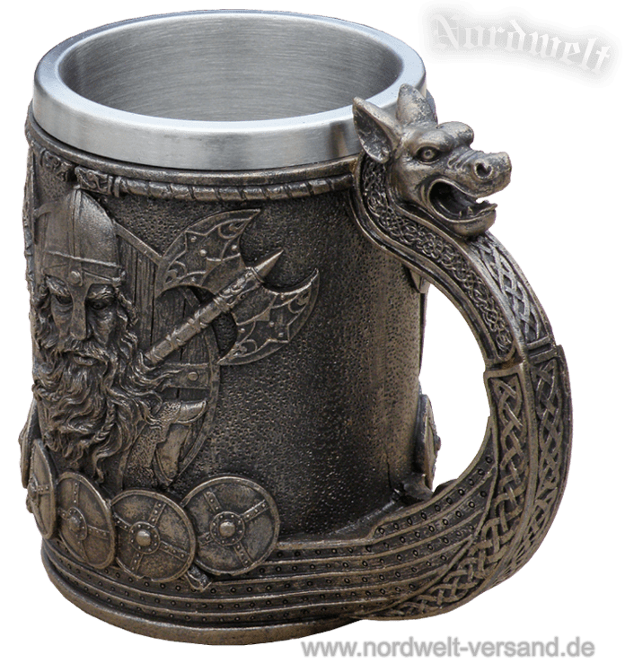 Wikinger Krug Trinkbecher mit keltischen Ornamente Wikingerschiff