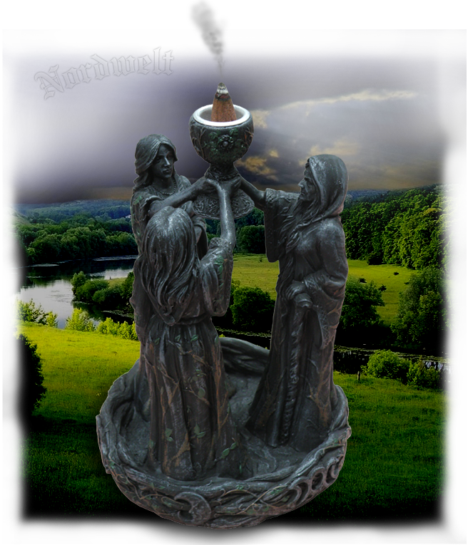 Räucherkegelhalter Die drei Nornen im magischen Kreis, Kunststein Polyresin