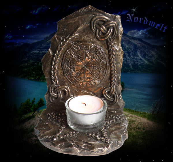 Vegvísir Teelichhalter mit Runen, Triskele und Futhark, Kerzenhalter Polyresin