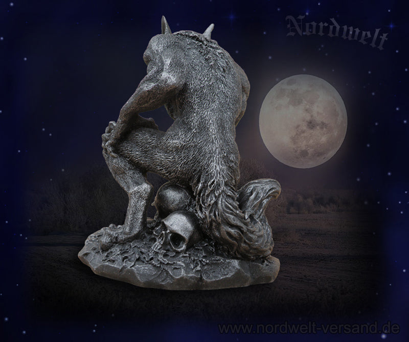 Mannwolf Statue Werwolf mit Totenkopf Mythologie Skulptur Figur Polyresin