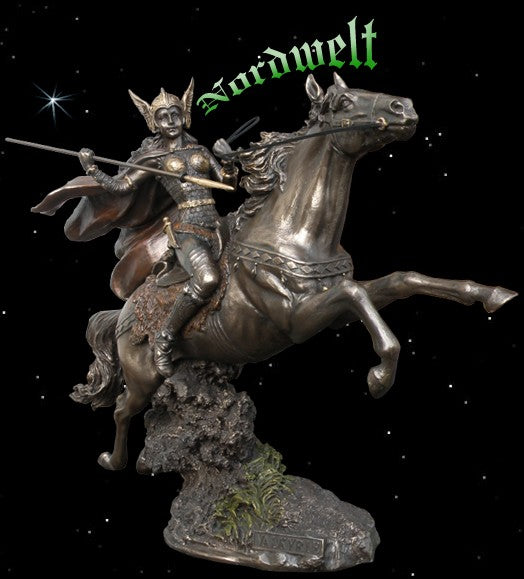 Walküre auf Pferd Staute Figur bronziert, Odins Schlachtjungfrau Schildmaid mit Speer