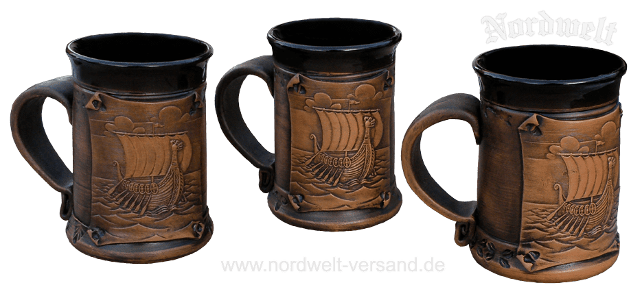 Tasse mit Wikingerschiff, Becher Keramik Metbecher